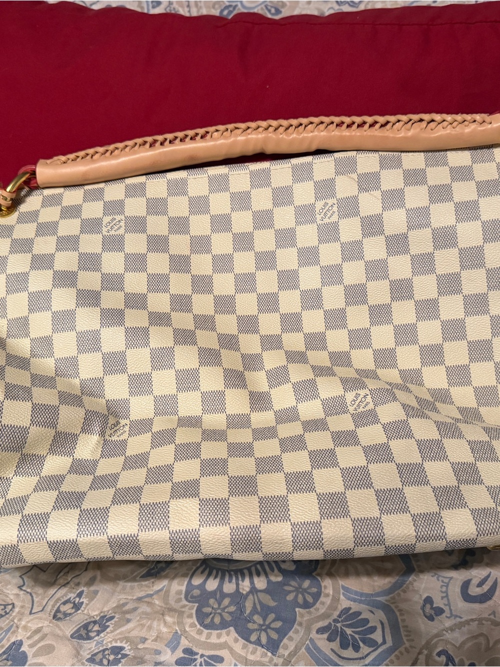 Like Louis Vuitton Paris Damier Azur Canvass and Braided Leather Handle Handbag